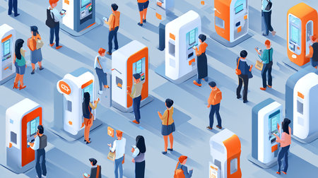 Isometric people paying by mobile phone in vending machine. Vector illustration.の素材