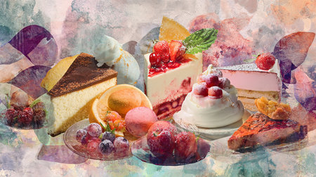 fruits and cakes with cream on abstract background, digital painting.の素材