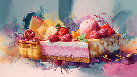 Slices of cake with fresh berries and fruits on a colored backgroundの素材