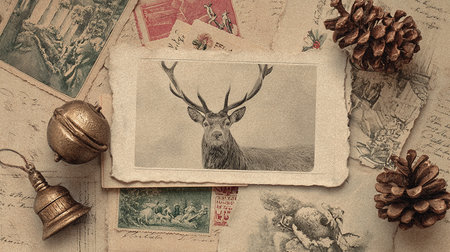 Vintage Christmas background with old photos and christmas ornamentsの素材