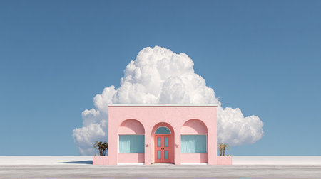 Pink house with blue sky and white clouds. 3D rendering.の素材
