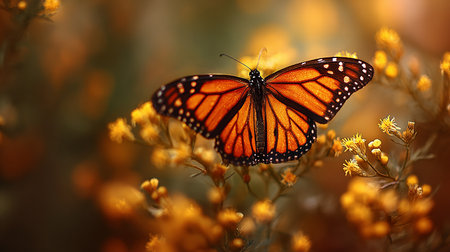 Monarch butterfly (Danaus plexippus) on yellow flowersの素材