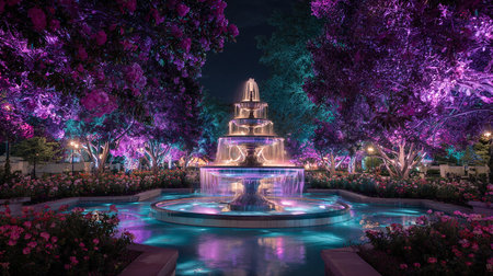 Beautiful fountain in the park at night time, Bangkok, Thailandの素材