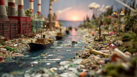 Miniature model of the city. Plastic pollution concept. Selective focus.の素材