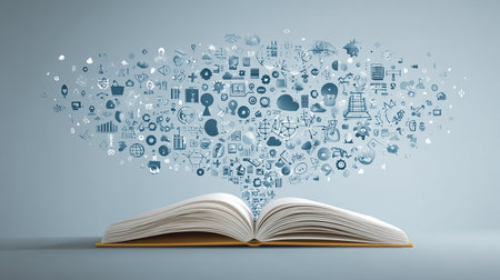 Open book with social media icons and symbols on blue background. 3D renderingの素材