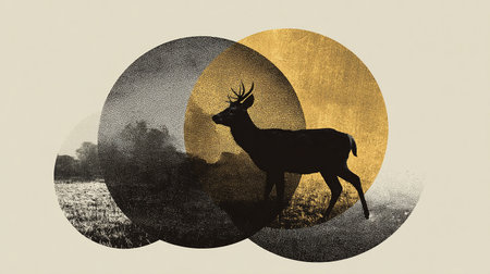 silhouette of deer with sun in the background, digital paintingの素材