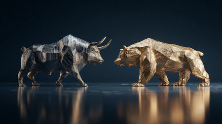 Two gold and silver bull and bear on dark background. 3d renderingの素材