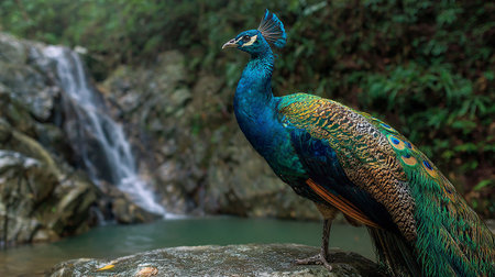 Peacock in front of waterfall in Chiang Mai, Thailandの素材