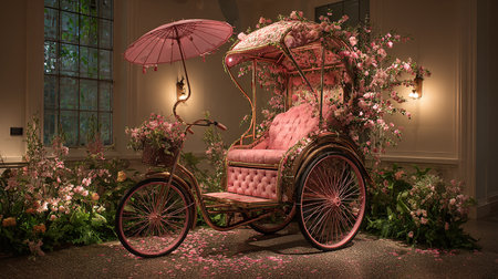 Rickshaw with pink flowers in the interior. 3d renderingの素材