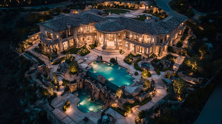 Aerial view of luxury villa with swimming pool at night.の素材