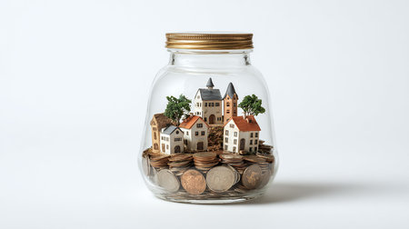House model in a glass jar with coins on a white background.の素材