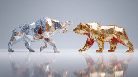 Golden and silver bull with reflection on the floor. 3D renderingの素材