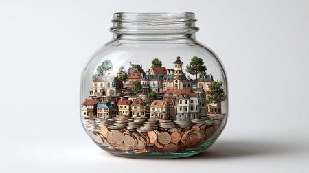 Mason jar full of coins with houses and trees on white backgroundの素材