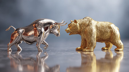 Golden and silver bull and bear on a gray background. 3d renderingの素材