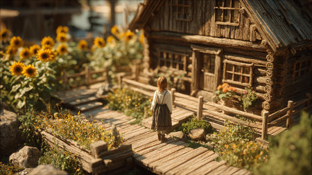 Model of a little girl on a wooden bridge over the river.の素材