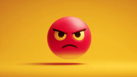 Angry red emoticon on yellow background. 3d illustration.の素材