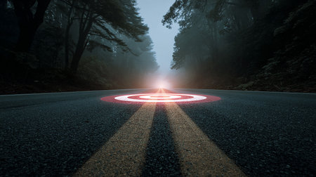 Asphalt road leading to the horizon and a target in the middleの素材