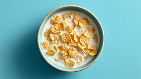 Bowl with tasty cornflakes on color background, top viewの素材