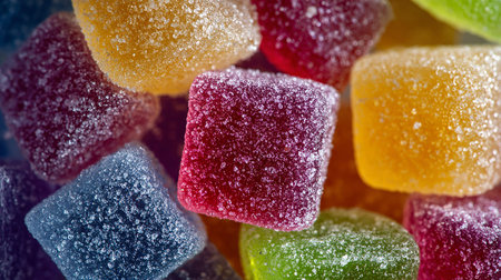 Colorful fruit jelly candies close-up macro photography with soft focusの素材
