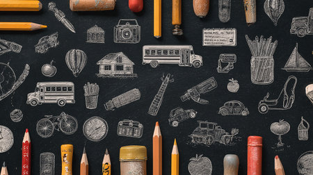 School supplies on black chalkboard background. Back to school concept.の素材