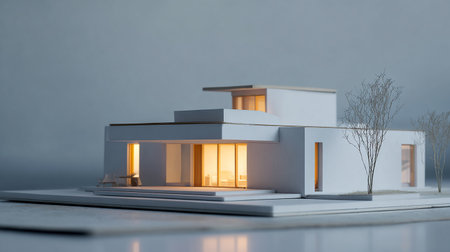 3d rendering of modern cozy house with garage and pool for sale or rent. Clear summer evening with cozy light from window.の素材