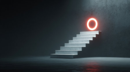 Glowing neon circle and stairs leading to light. Success concept. 3D Renderingの素材