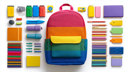 Colorful school supplies on white background. Back to school concept.の素材