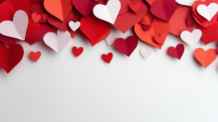 Valentines day background with red and white paper hearts on white backgroundの素材
