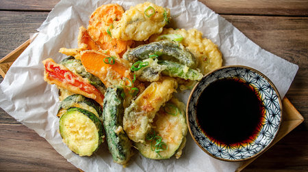 Tempura with zucchini and soy sauce, Japanese food styleの素材