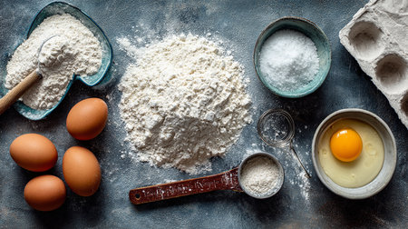 Baking ingredients. Flour, eggs, sugar, rolling pin, whisk on blue backgroundの素材