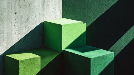 Green podium on concrete wall background. 3d render illustration design.の素材