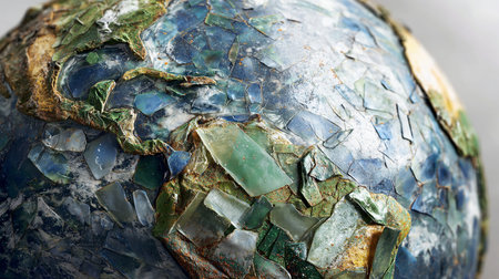 close-up view of a broken glass globe with green, blue and brown colorsの素材