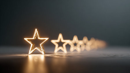 Five golden stars rating on a dark background. Selective focus.の素材