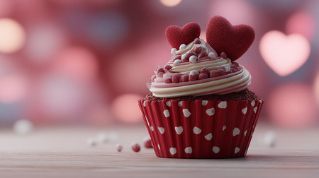 Valentine cupcake with heart shape on bokeh backgroundの素材