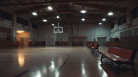 Interior of an old school gymnasium with empty chairs.の素材