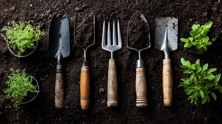 Gardening tools on soil background. Top view with copy spaceの素材