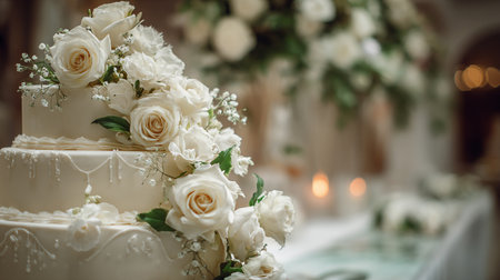 Wedding cake decorated with white roses and flowers. Wedding decorationの素材
