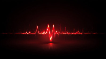 Red heartbeat pulse on a black background. 3d render illustration.の素材