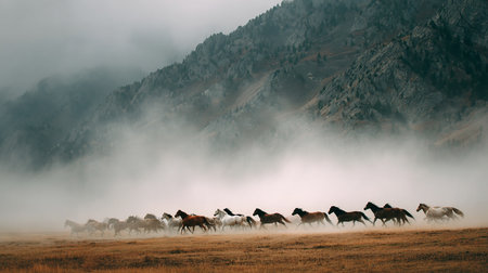 Horses in the steppe in the fog, Kyrgyzstanの素材