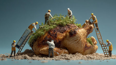 Workers decorate roasted turkey with rosemary and dill.の素材