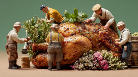 Miniature people : Farmer and chicken cooking for Thanksgiving day celebration.の素材