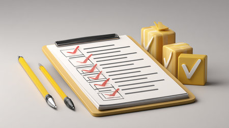 Checklist with yellow boxes and pen 3d render on gray backgroundの素材
