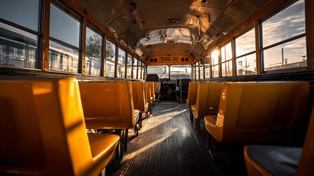 Interior of an old school bus with yellow seats and sunlight.の素材