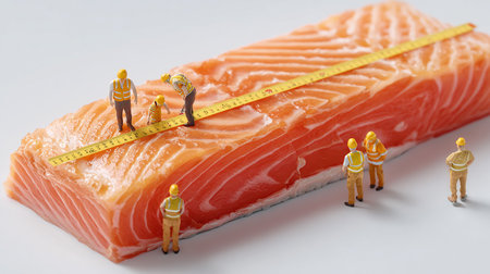 Salmon fish. A large piece of salmon with a measuring tape.の素材