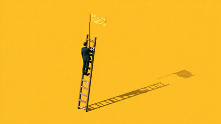 Businessman standing on a ladder and holding a flag on a yellow backgroundの素材