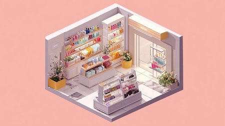 Vector isometric interior of a cosmetics shop with shelves and shelves.の素材