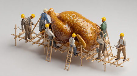 3D rendering of a team of construction workers working on a chickenの素材