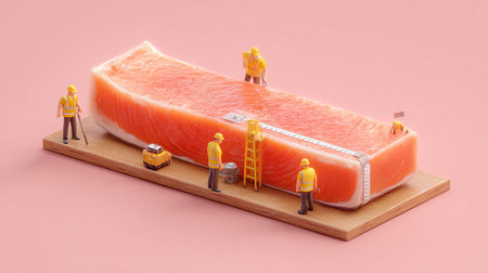 salmon filet on a wooden board with miniature people on itの素材