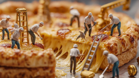 Workers decorate a cake with cheese, selective focusの素材