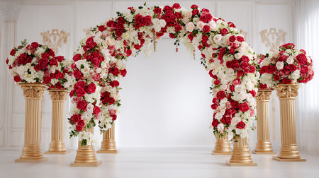 Wedding arch decorated with red and white roses. 3d renderingの素材